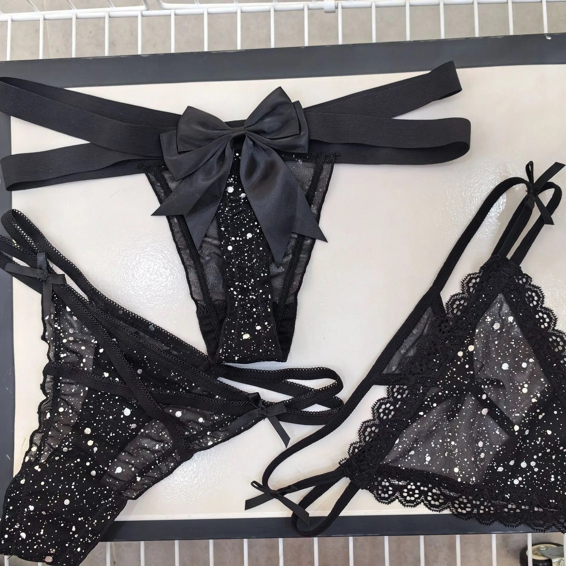 Sexy Women's Thong Erotic Cross Hollow T Pants Starry Sky Shiny Sequins Black Mesh Transparent Bow Perspective Briefs Lingerie