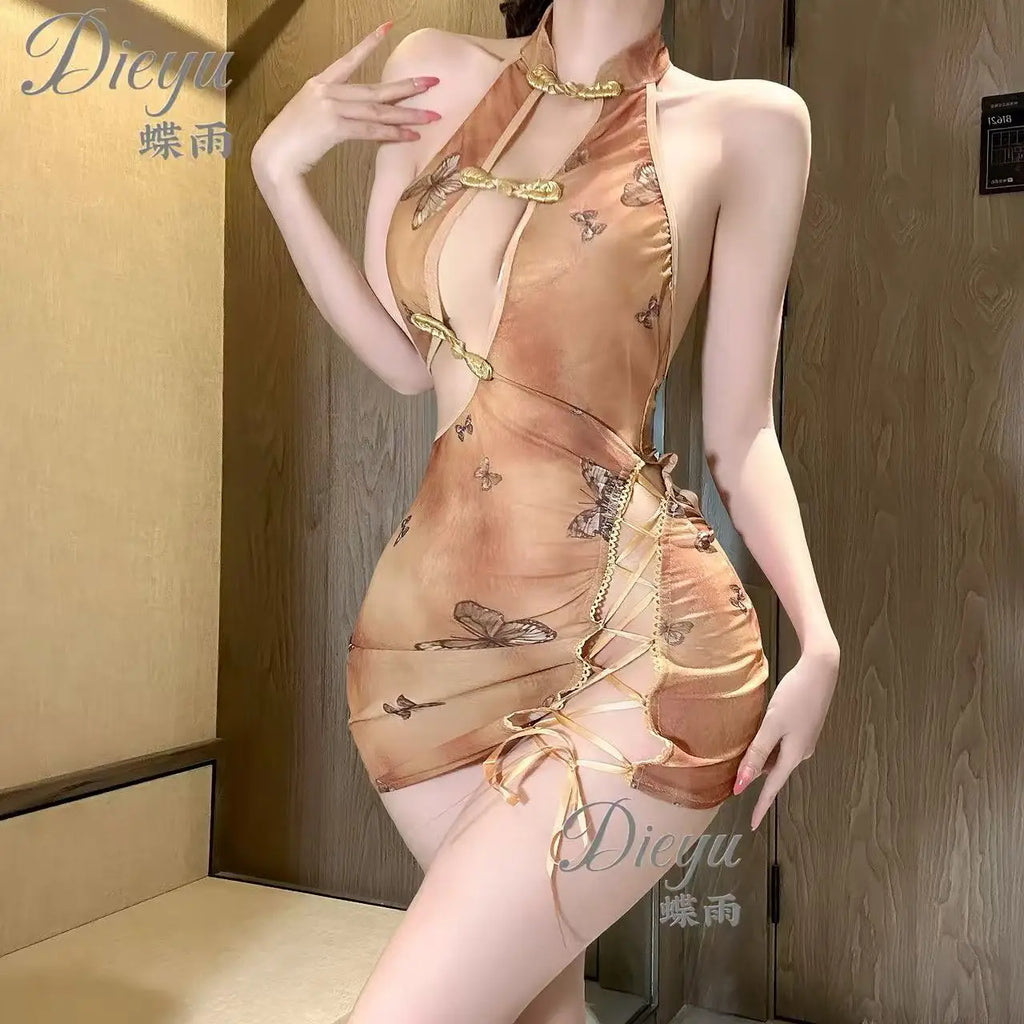 Butterfly Printed Dream Ancient Style Hollow Out Cheongsam Transparent Dress Charming Sleeveless Hanging Neck Pure Desire UQ9G