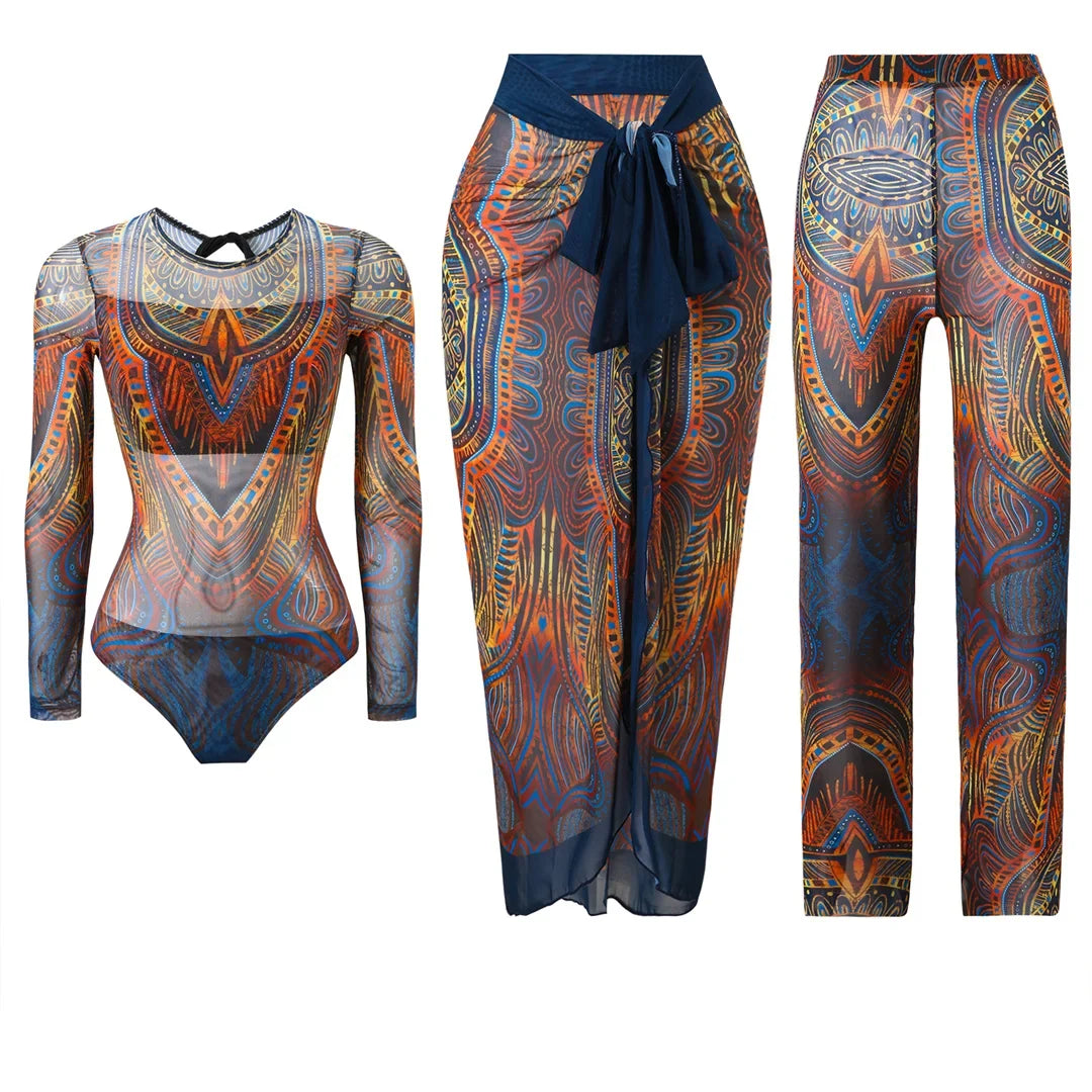 S - XXL 3PCS New Printed Long Sleeve With Pants Sarong Women Swimwear One Piece Swimsuit Female Bather Bathing Suit Swim K7180