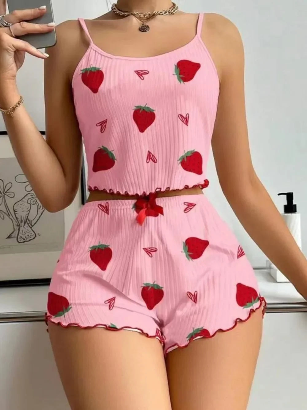 Camisole Strawberry Printing Casual Vest Tops and Shorts 2 Pieces Pajamas Set Women's Summer Sleepwear Loungewear