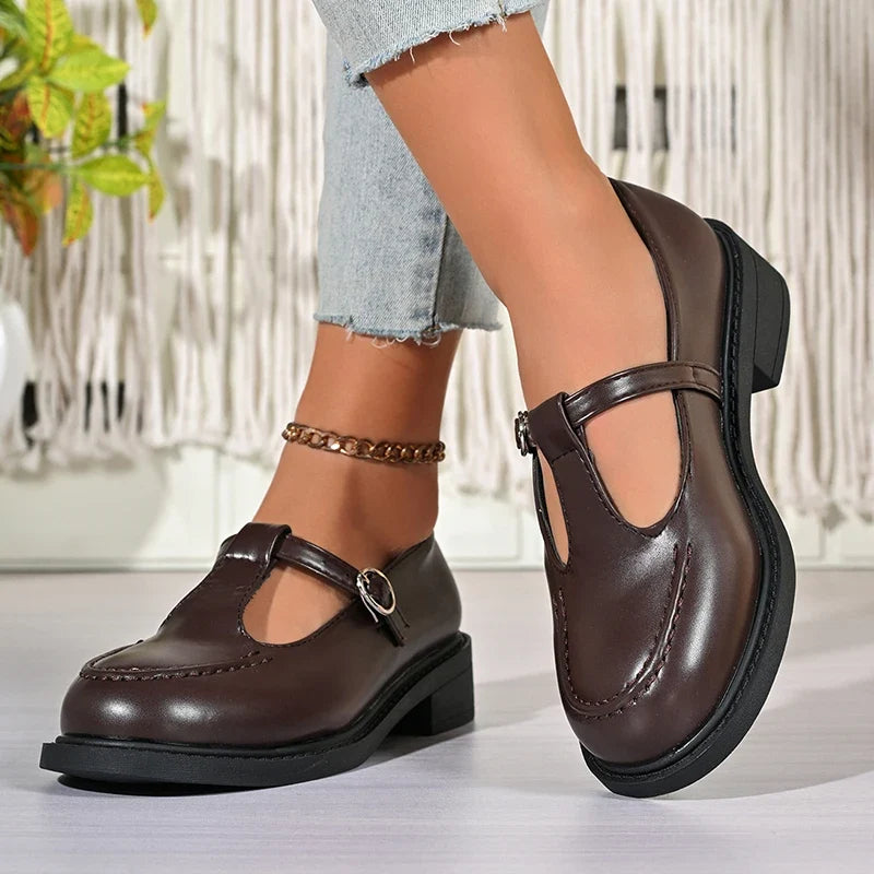 Vinatge T-Strap Med Heels Mary Jane Shoes Women Korean Buckle Strap Pu Leather Pumps Woman British Style Platfrom Student Shoes