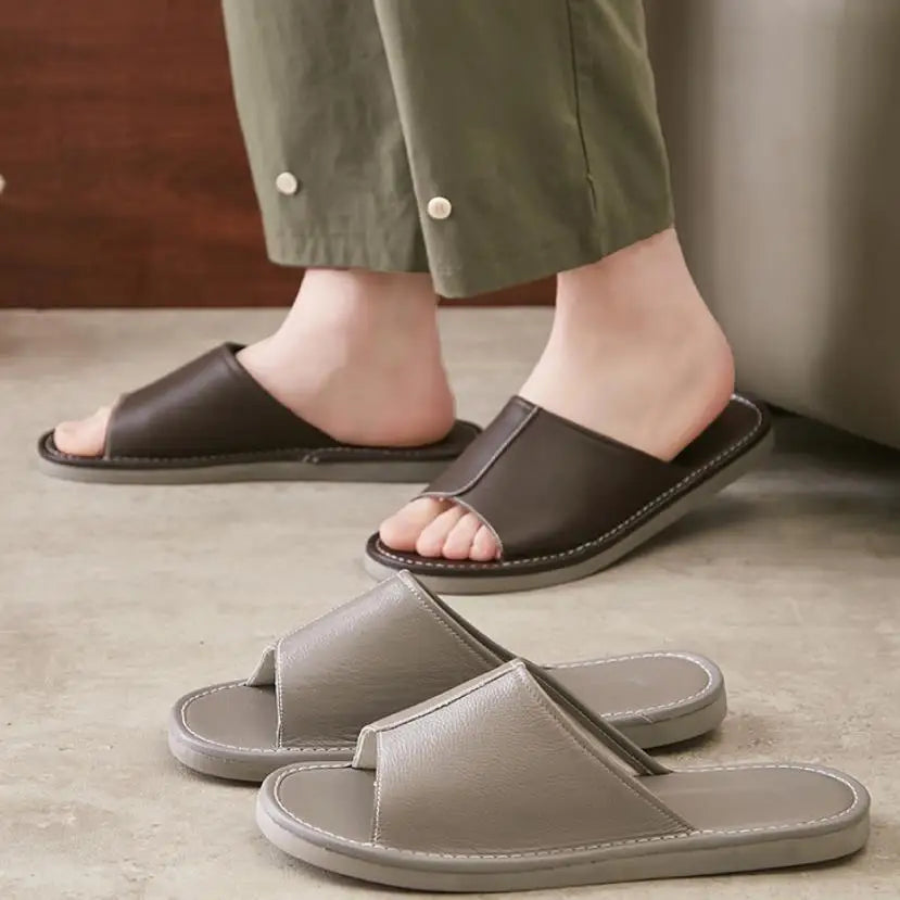 Big Size EU48 Indoor Slippers For Women Men Spring Summer House Shoes Soft Leather Anti-slip Open Toe Couples Home Floor Slides