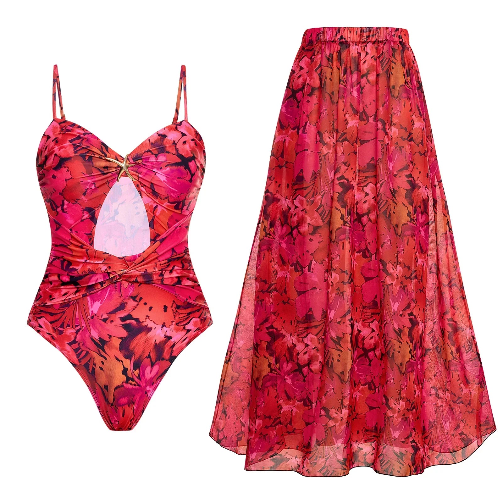 Floral Retro Printed Swimsuit with Cover up Women's Sexy Swimwear Bikini Female Bodysuit Bathingsuit Beachwear 2025