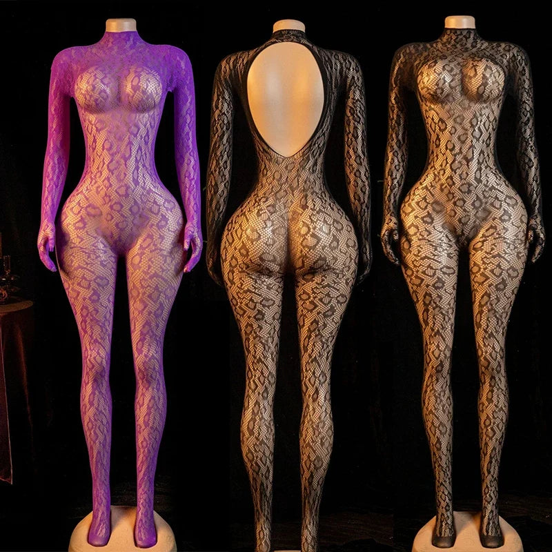 Hot Sexy Lingerie Erotic Crotchless Women Mesh Hollow Bodystockings Full Sleeve Leopard  Sling Hanging Neck Underwear Body Suits