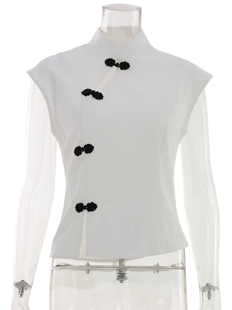 Fashion Women Short Sleeve Tops Tees Button Hollow Out Solid Slim Sheath Elegant Office Top Casual Cheongsam Inspired T-Shirt