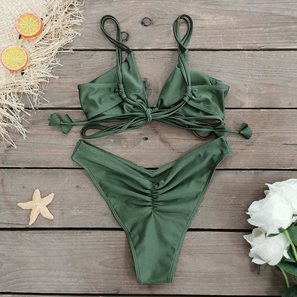 New Halter Bikini High Leg Swimsuit Swimwear Women Deep Back Two-Piece Separates Bikini Sets Strappy Bathing Suits