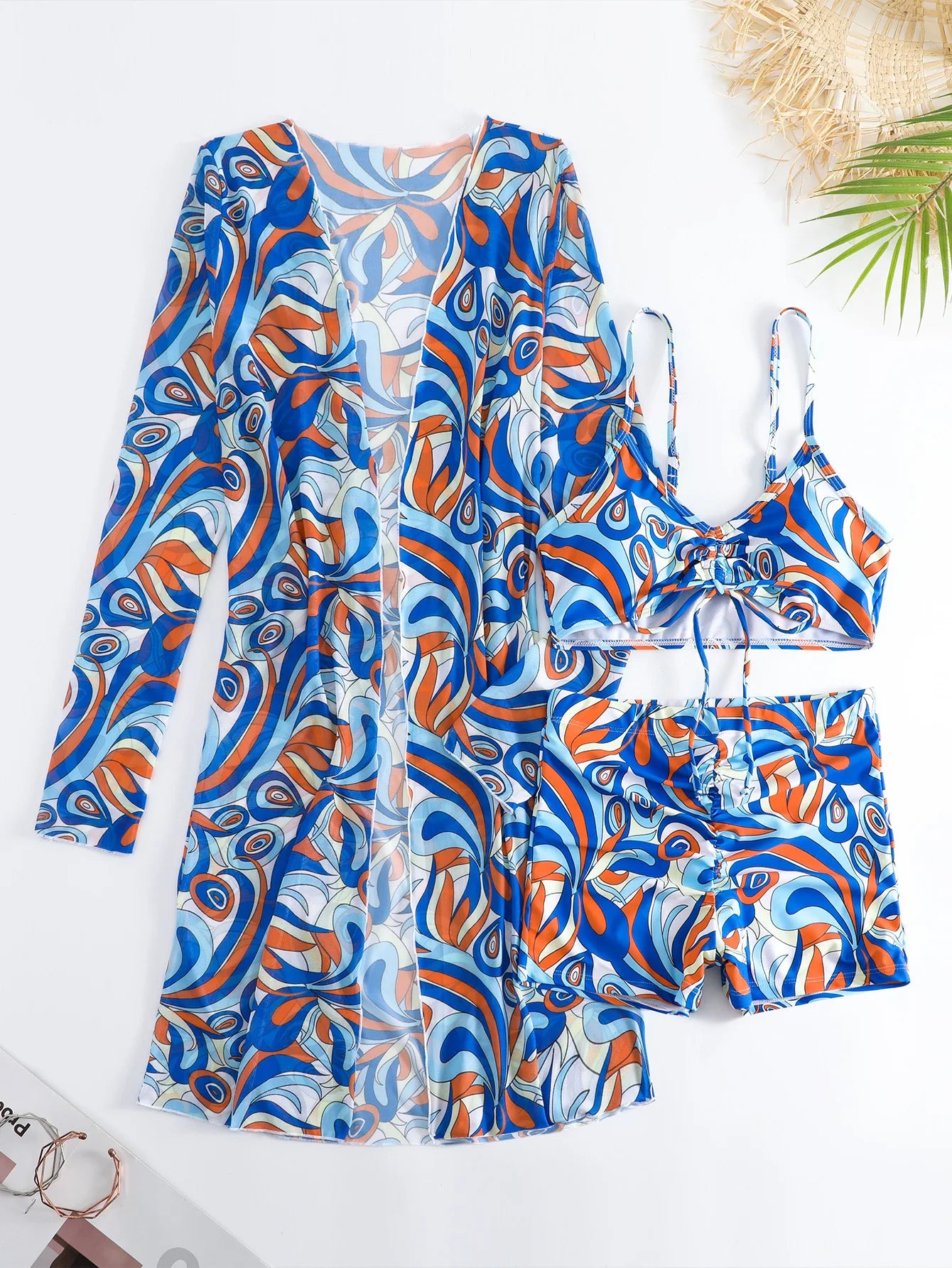 New Sexy 3 Pieces Suit for Women Neck Hanging Bikini Set+Cover-up Swimwear Sunproof Tankini High Waist Shorts Swimsuit Beachwear