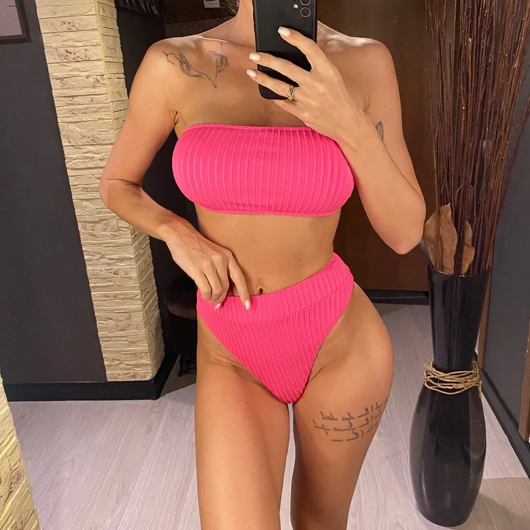 S - XL Bandeau Wrinkled Female Swimsuit High Waist Bikini Women Swimwear Two-Pieces Bikini Set Bather Bathing Suit Swim V5904
