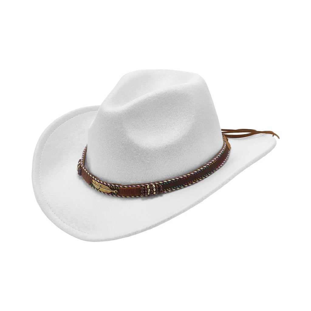 Women Men Wide Brim Floppy Cowboy Hat Western Style Wool Felt Flat Top Cap Classic Vintage Bowler Hat Party