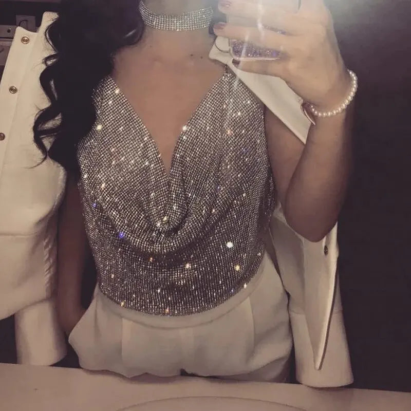 Festival Brilliant Rhinestone Backless Party Crop Top Women 2025 Summer Glitter Evening V Neck Diamonds Metal Tank Tops