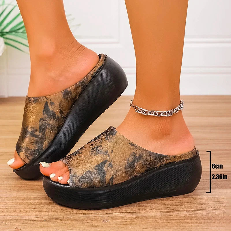 Vintage Printing Wedges Slippers Women Plus Size 44 Peep Toe Wedges Sandals Woman Lightweight Thick Sole Beach Sandles Summer