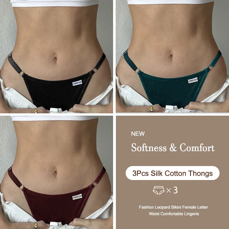 3PCS Women's Panties Cotton Thongs Adjustable Waist Sexy G-String Solid Color Seamless Intimate Female Underpants Lingerie S-XL