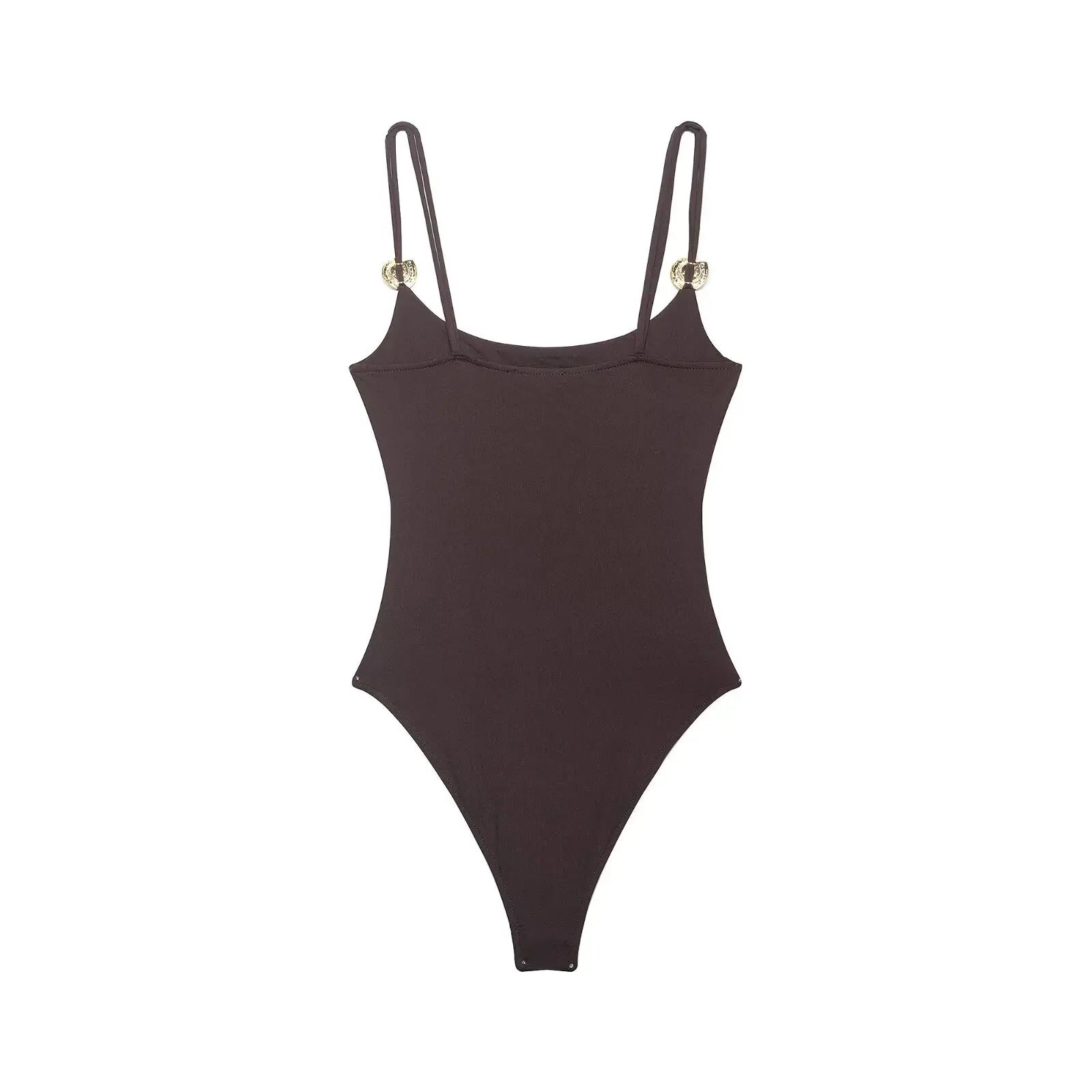 Black And Brown Spaghetti Strap Bodysuits With Rose Gold Button Decor Elegant Slim Fit Shapewear For Women Nightclub Wear 4UMT