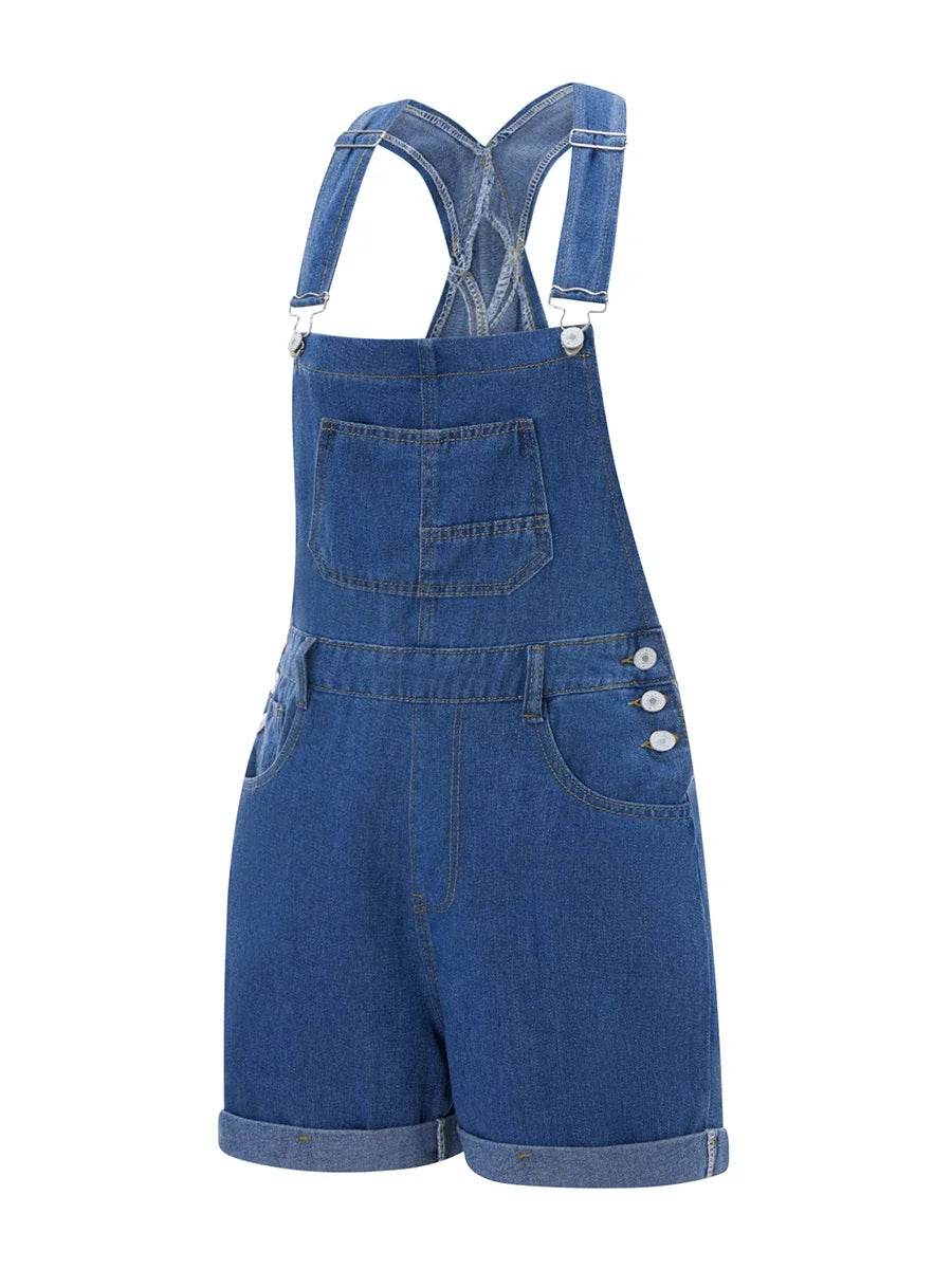 Women Denim Bib Overalls Adjustable Straps Shorts Romper with Pocket Casual Rolled Cuff Shortalls