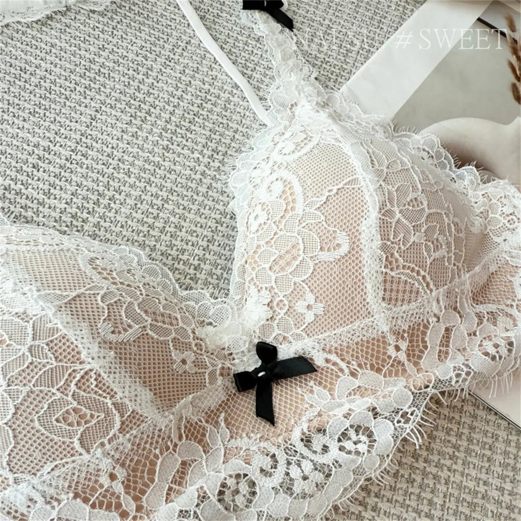 Deep V Halter Neck Bra Set French Style, Lace Push Up Bralette for Small Chest, Sexy Wireless Triangle Bra Set MOYISU Sexy Tushy