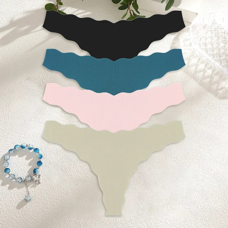 4Pcs Women Seamless Panties Wavy Design Ultra-thin Thongs Women Ice Silk Underwear Sexy Panty Low Waist G-string Female Solid