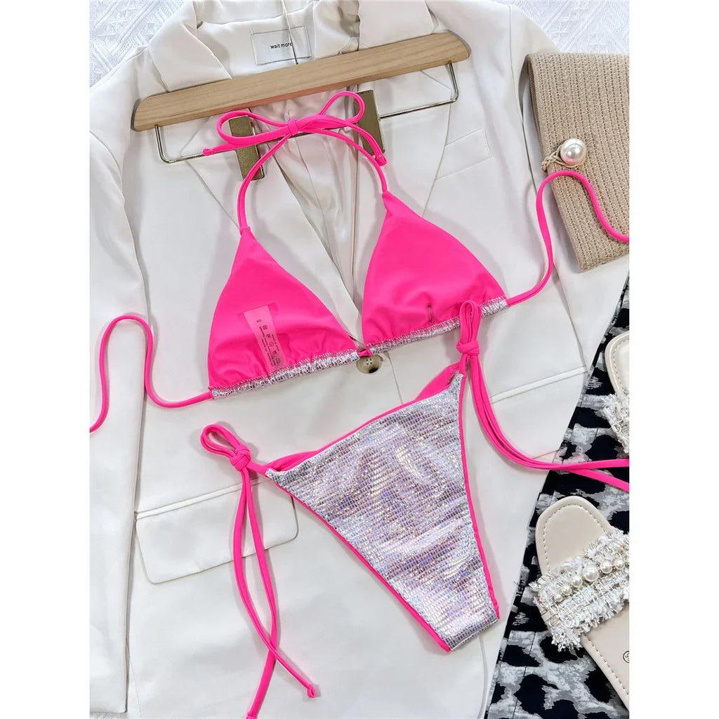 Shiny Sequin Brazilian Cheeky Bikini Women Swimwear Female Swimsuit Two-Pieces Bikini Set Bather Bathing Suit Swim Lady V3861
