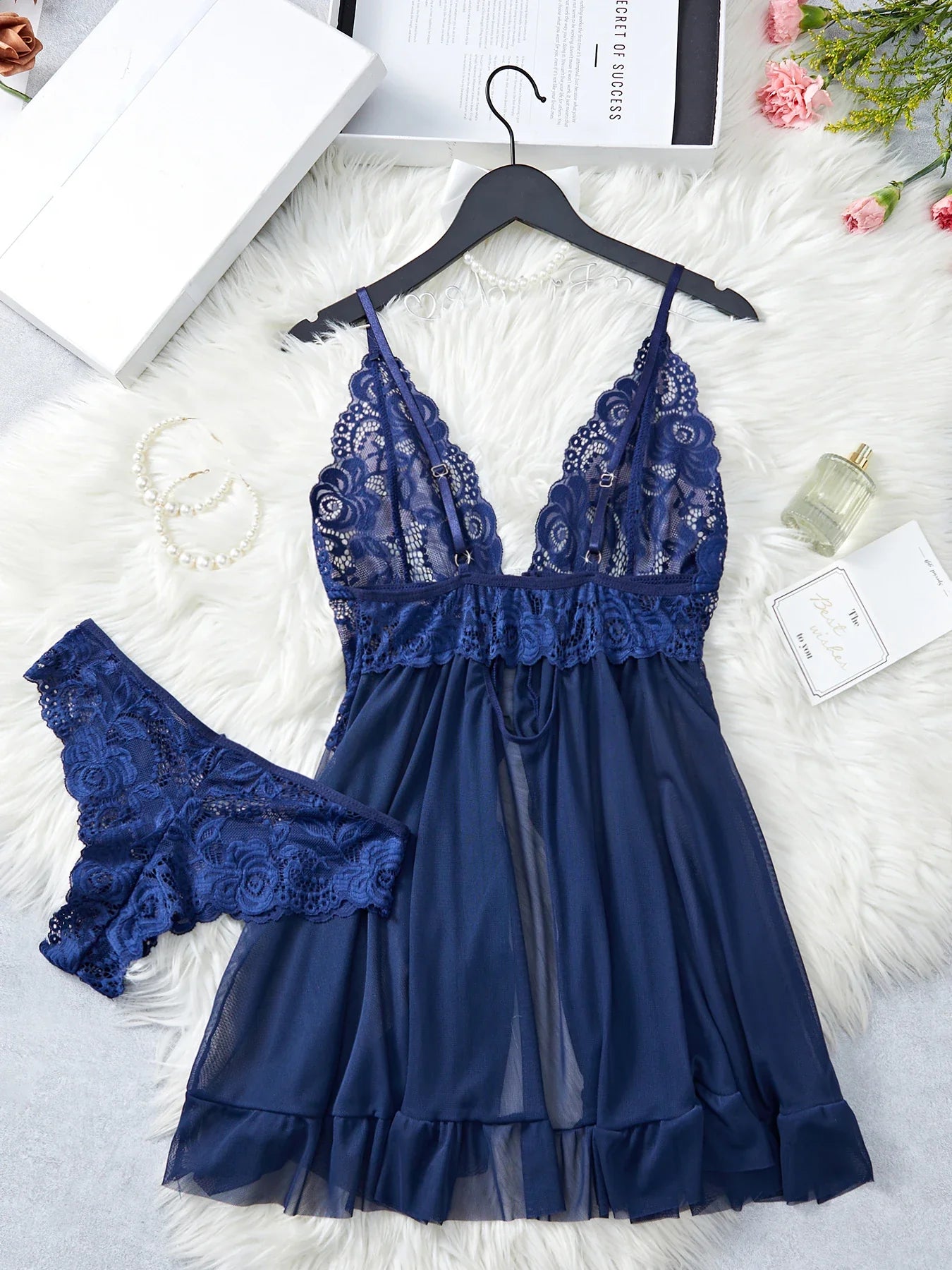 Transparent Blue Lingerie Women Underwear Sleepwear Lace Nightdress And Panties Pijamas Set Female Nighty