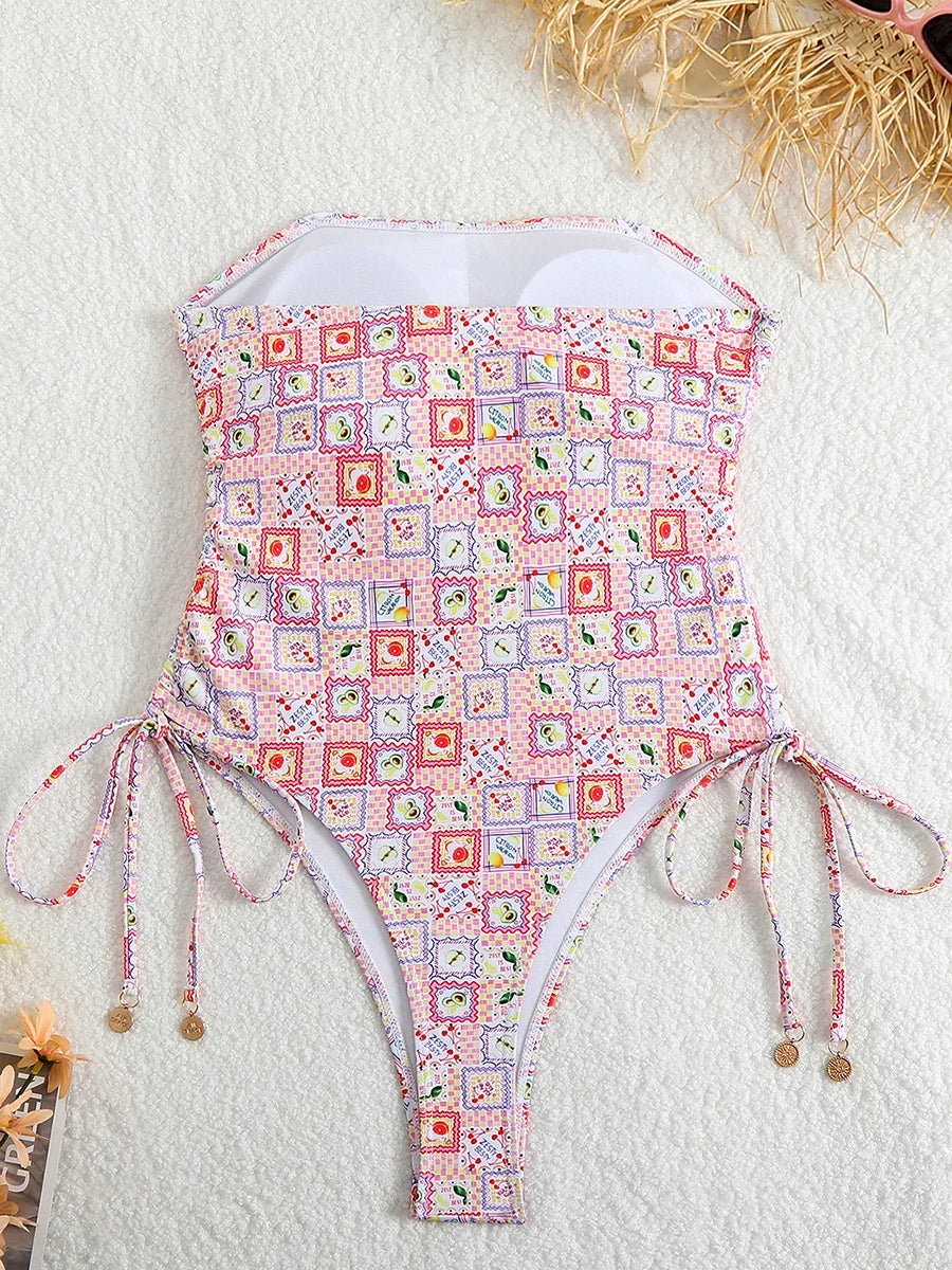 2026 Sexy Drawstring High Cut Swimsuit One Piece Printed Swimwear Women Bathers Bathing Swimming Swim Suit Female Beachwear