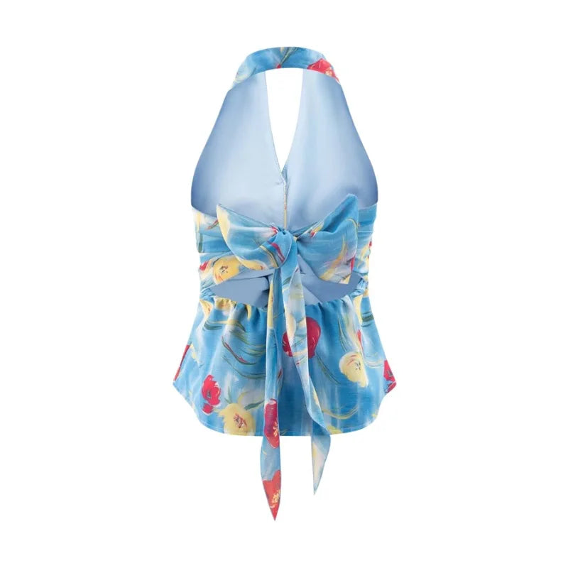 Deep V-neck Halter Neck Camisole For Women With Cross-tie Front Sexy Open Back Printed Design Perfect For Vacations Fashion AKE0