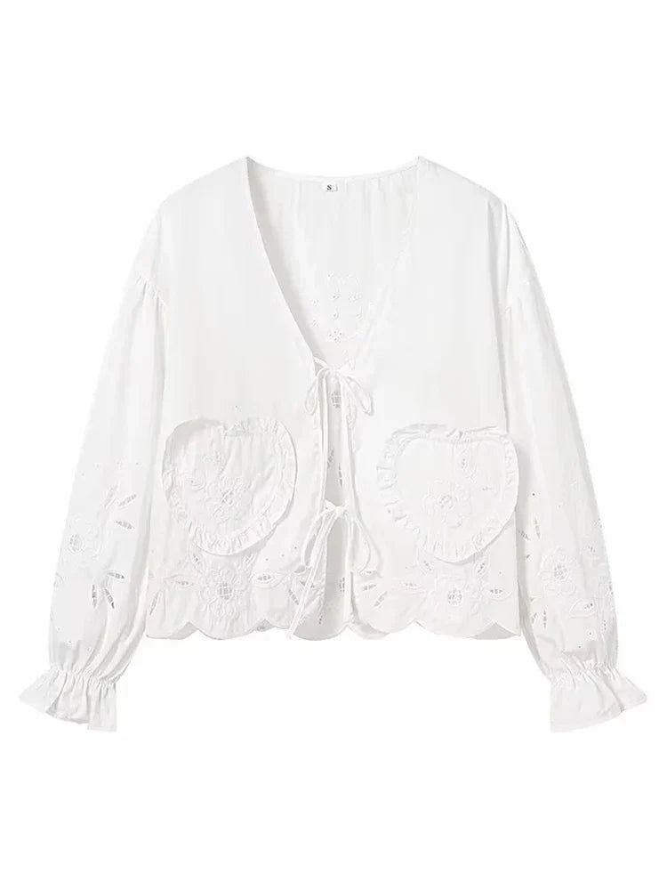 Foridol Heart Embroidery White Cotton Women Blouse Bowknot Spring Summer Lantern Sleeve Casual Shirt V Neck Loose Chic Blusa