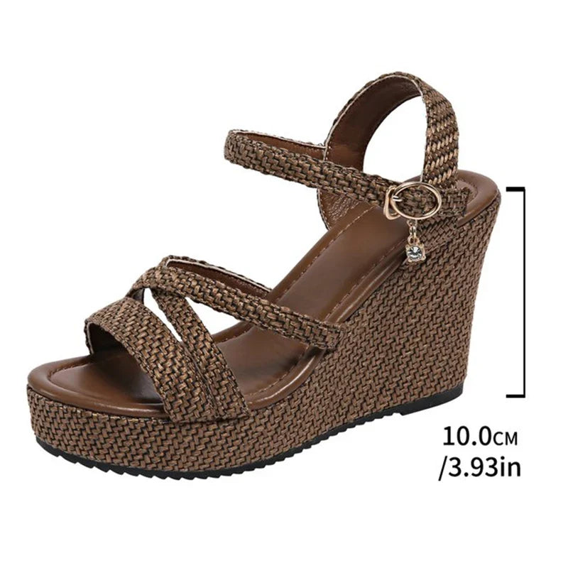 Ankle Buckle Coffee Wedges Sandals Women 2026 Summer Woven Chunky Platform Sandles Woman Peep Toe Plus Size Fashion Sandals 42