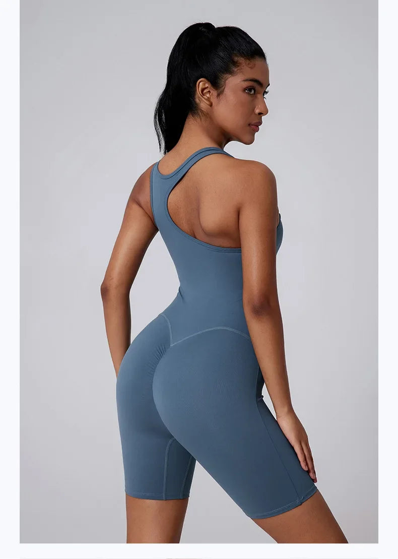 Sexy Fitness Yoga Jumpsuit Women Sleeveless Slim Playsuit Pleated Hollow Running Scrunch Shorts Romper One Piece Sports Suit