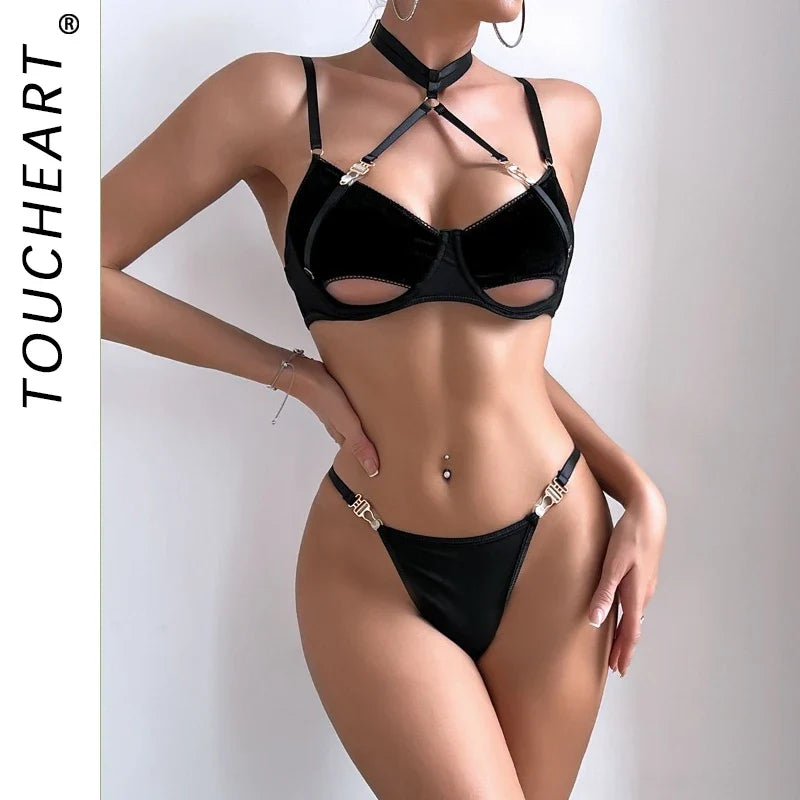 Toucheart 2-Piece Set Sexy Lingerie Women See-Through Halter Neck Comfortable Garter Socks Solid Color Hollow Out Underwear Set