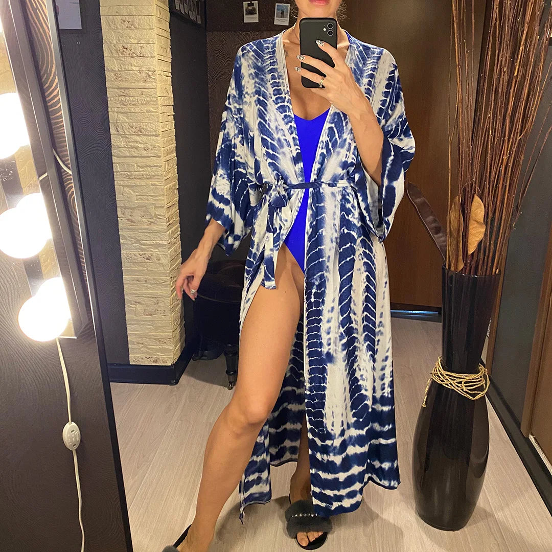 New 10 Colors Printed Long Sleeve With Belt Tunic Beach Cover Up Cover-ups Beach Dress Beach Wear Beachwear Female Women V4521