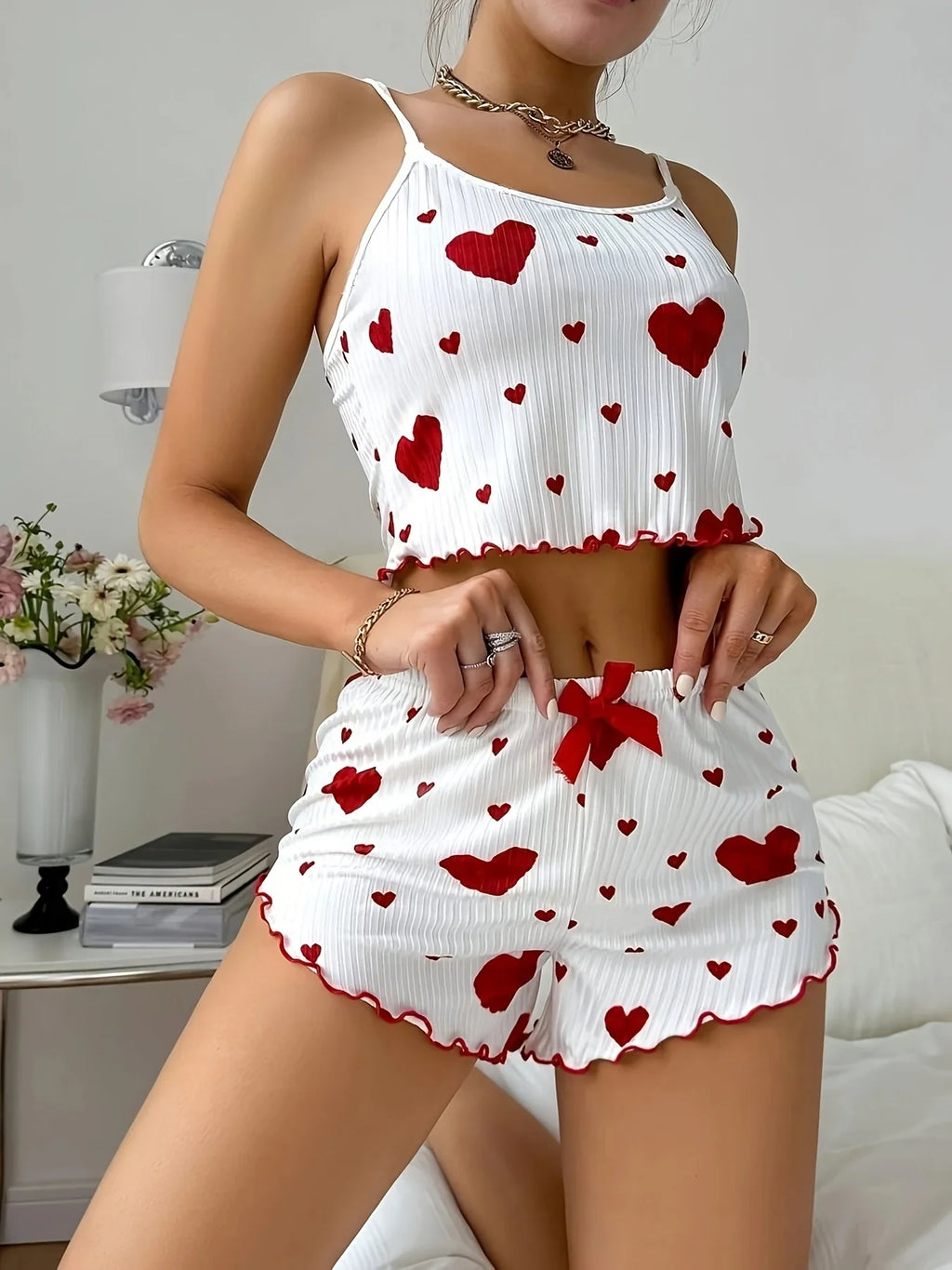 Sweet Heart Print Pajama Set for Women Cute Sleeveless Cami Top and Ruffle Shorts Soft Ribbed Knit Loungewear Adorable Pjs