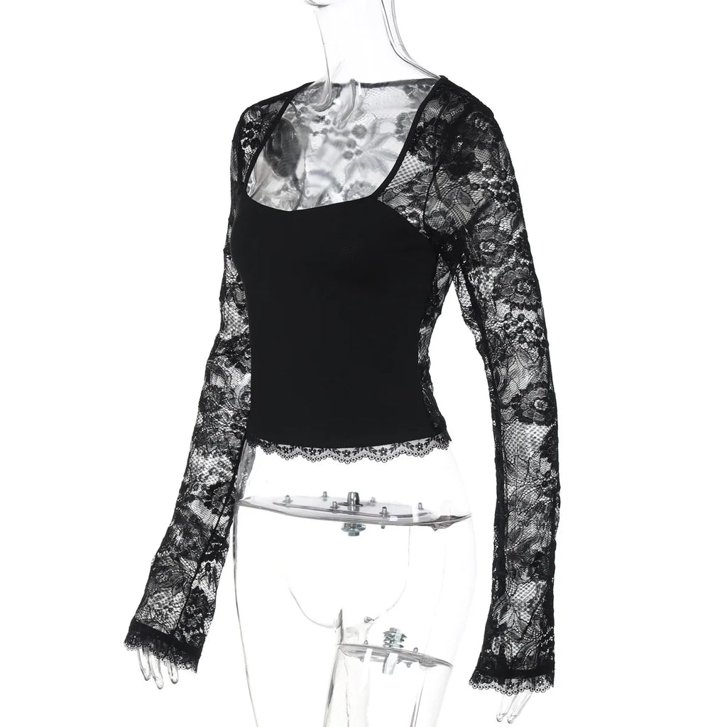 FDYOUI 2026 New Lace Patchwork Long Sleeve T-shirts for Women Square Collar See-through Slim Crop Tops White Black Tee Shirt