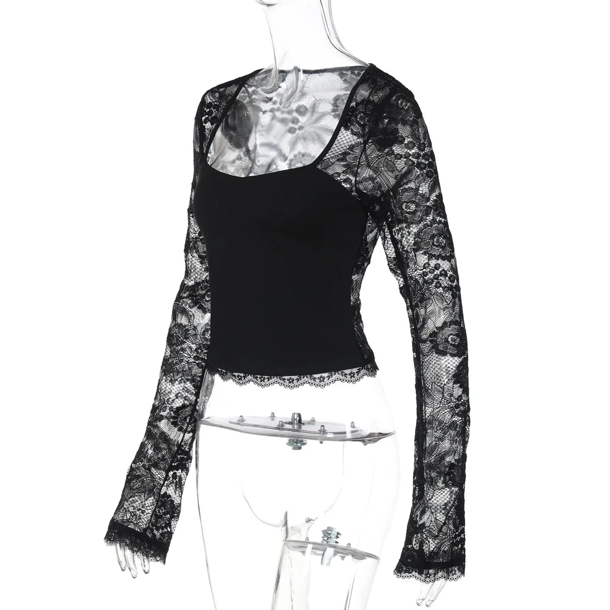 FDYOUI 2026 New Lace Patchwork Long Sleeve T-shirts for Women Square Collar See-through Slim Crop Tops White Black Tee Shirt