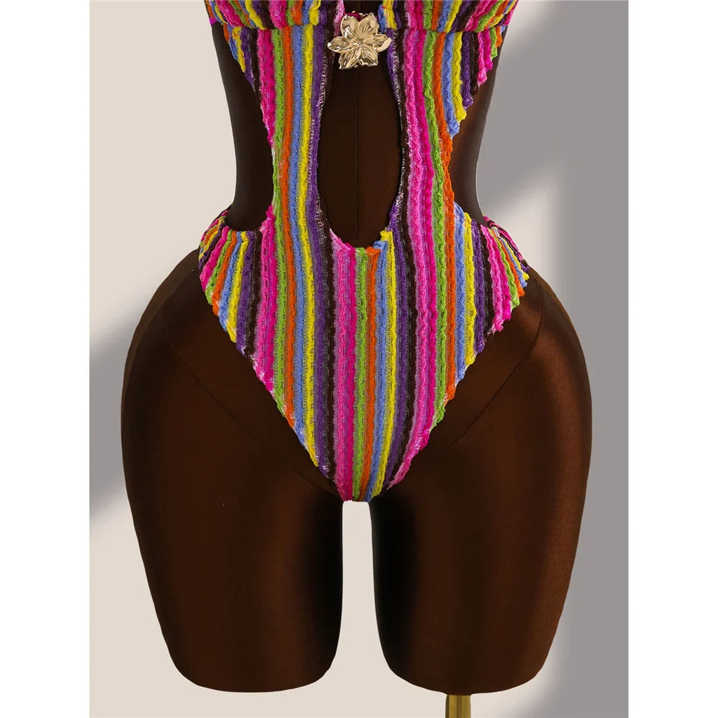 Striped Colorful Halter Cut Out One Piece Swimsuit Women Swimwear Female Monokini High Leg Cut Bather Bathing Suit Swim V8304