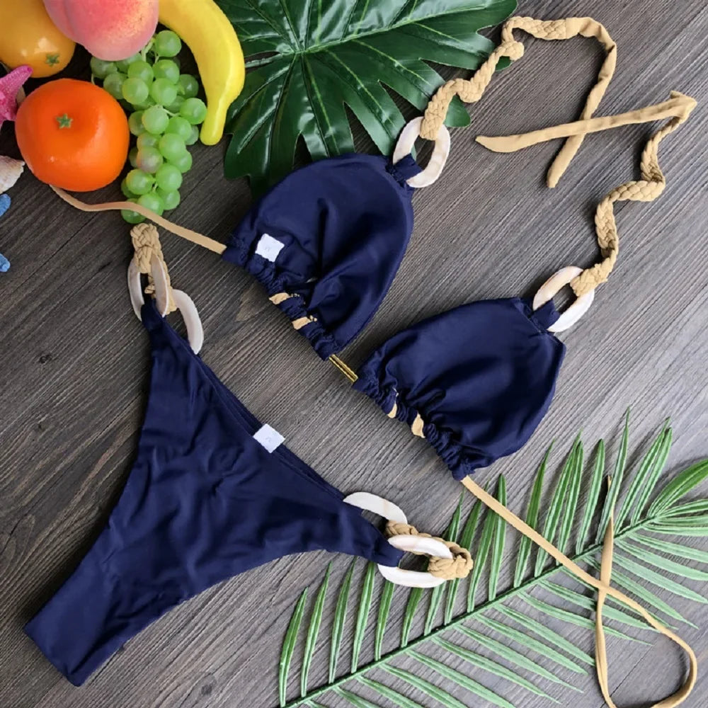 Solid Color Strap Women Bikini Sexual Beach Holiday Swimwear