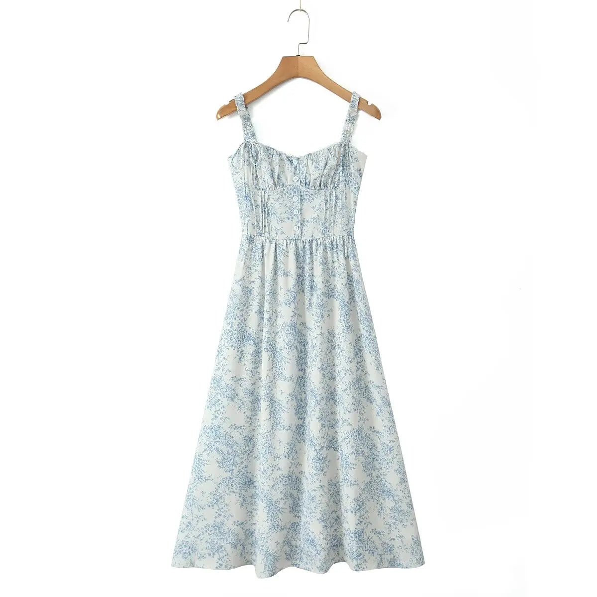 Bowknot Printed Women's Dresses Summer Casual Beach Strap Midi Dress Female Boho Light Blue Buttons Smocked Vestidos 2025