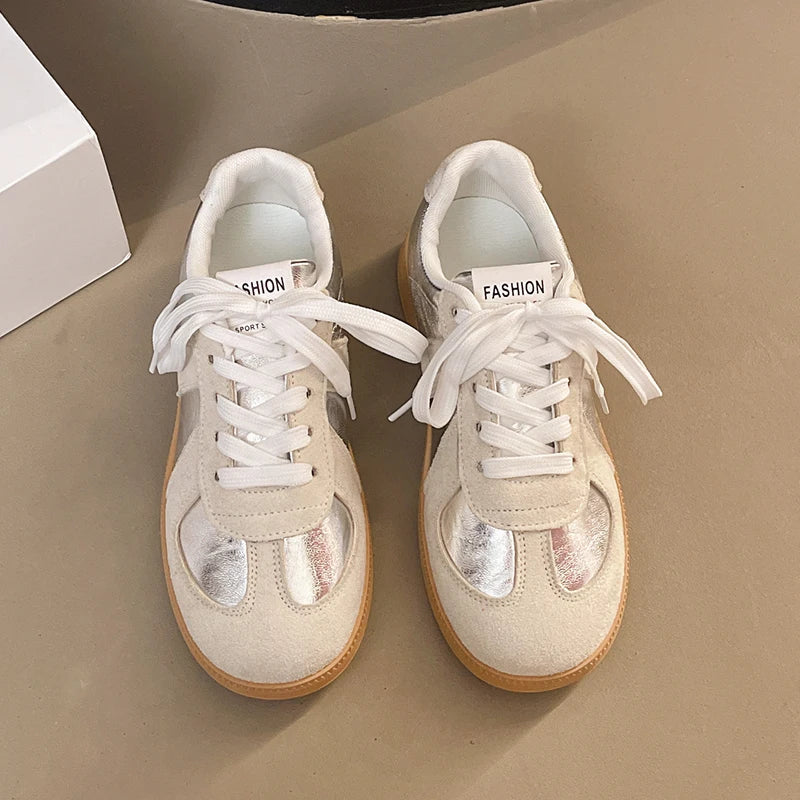 Silver Patchwork Platform Sneakers Women Thick Bottom Lace Up German Training Shoes Woman Spring Autumn Korean Non Slip Flats