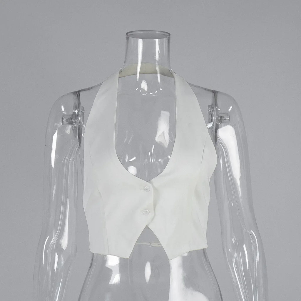 Elegant Halter Neck Backless White Tank Tops Women 2026 Summer Sexy Off Shoulder Buttons Crop Top High Street Lady Solid Vests