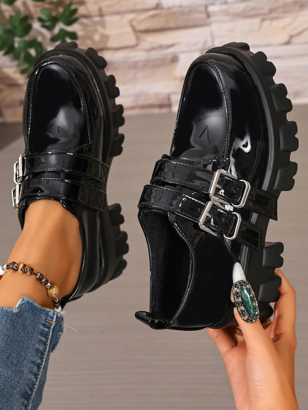 Platform Women's Punk High Heels Loafers Shoes Big Size 45 46 47 Buckle Black Thick Sole Heeled Punk Shoes Ladies 2026 Spring