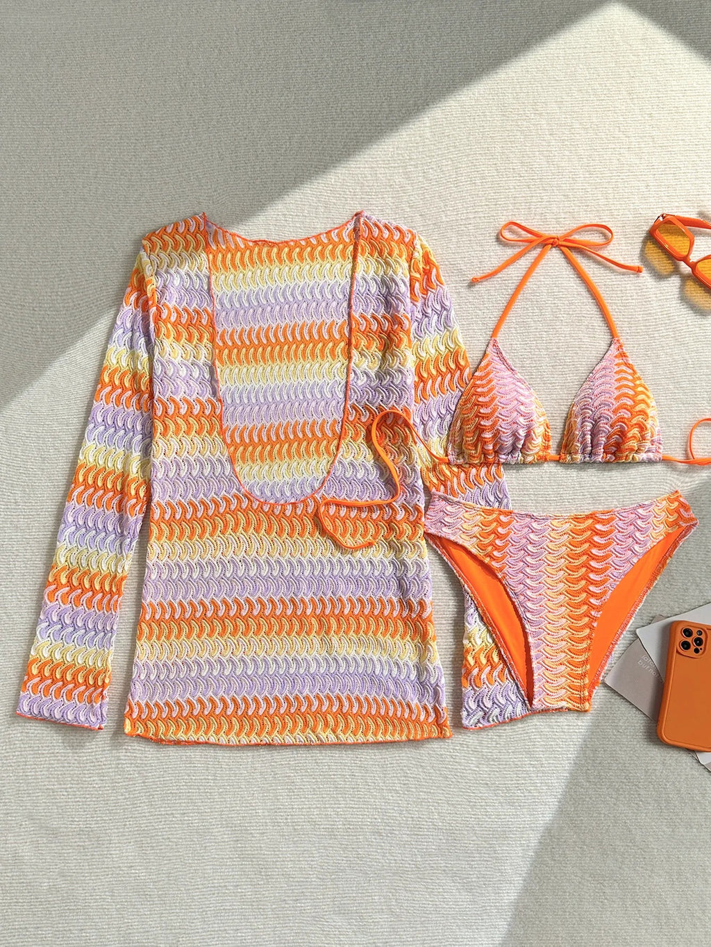 Print With Long Sleeve Cover Up Bikini Women Swimsuit Female Swimwear Three-pieces Bikini Set Bather Bathing Suit Swim Beachwear