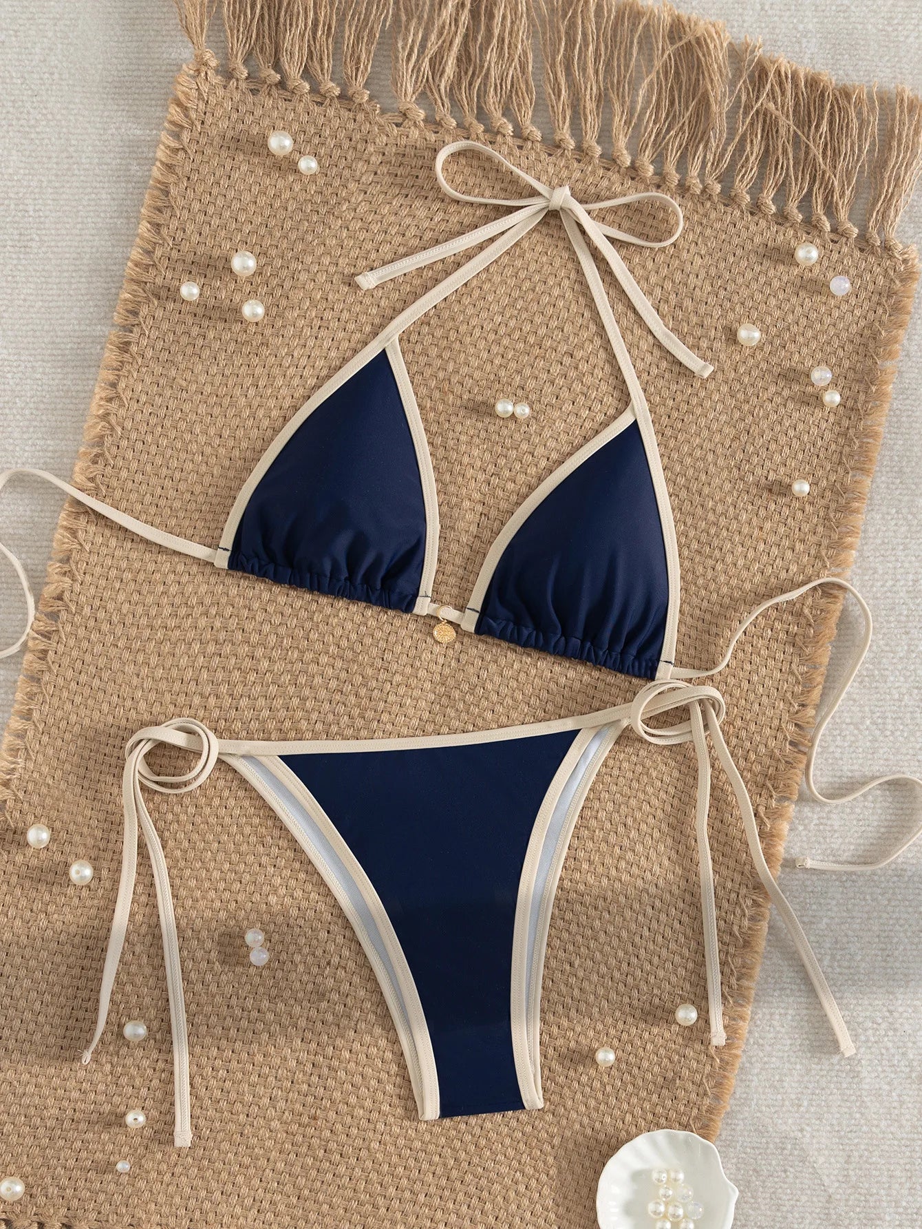 2026 Trendy String Bikini Set Triangle Top Side Tie Bottoms with Metallic Pendant  Solid Color Contrast Trim Women Swimwear