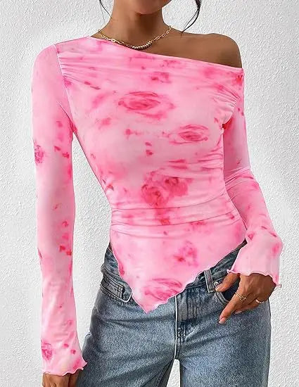 Women's Off-Shoulder Ruffled Sleeve Long-Sleeve Top with Asymmetrical Tie-Dye Mesh Asymmetrical Pleated Floral Print T-Shirt