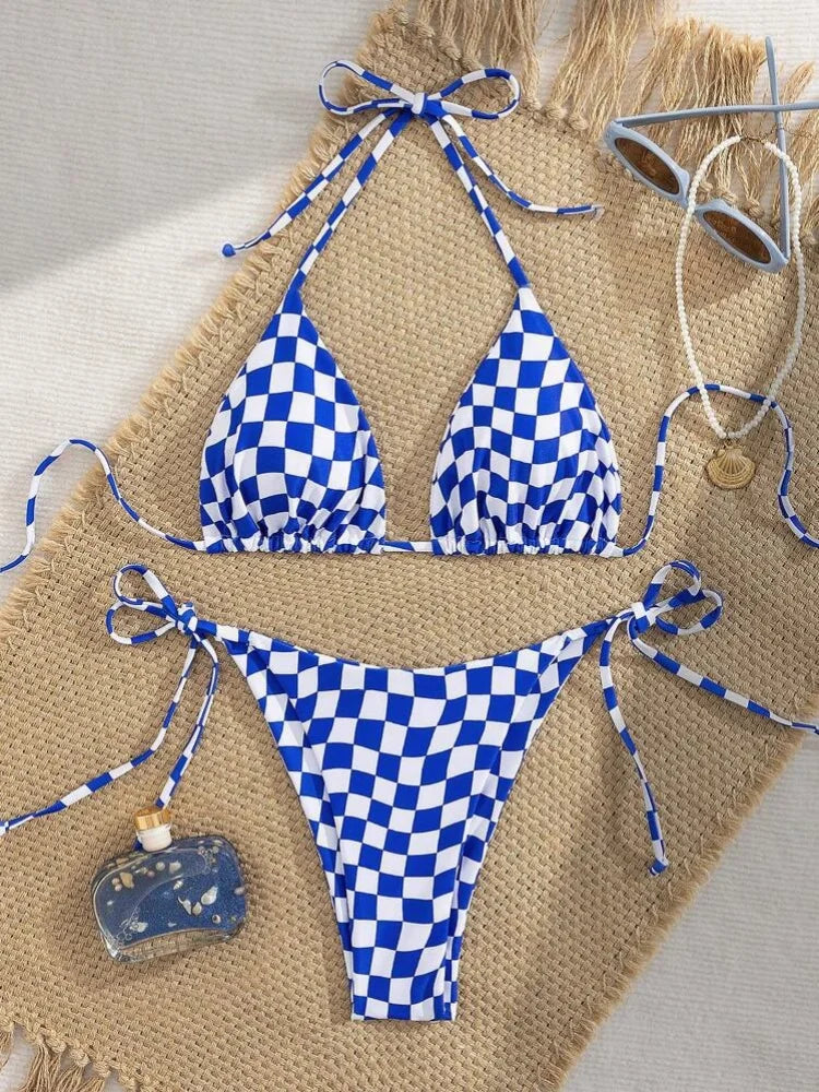 Sexy Pink Plaid Micro Bikini 2026 Women Halter Push Up Bra Tie Side Thong Swimsuit Brazilian Beach Bathing Suit Swimwear Biquini