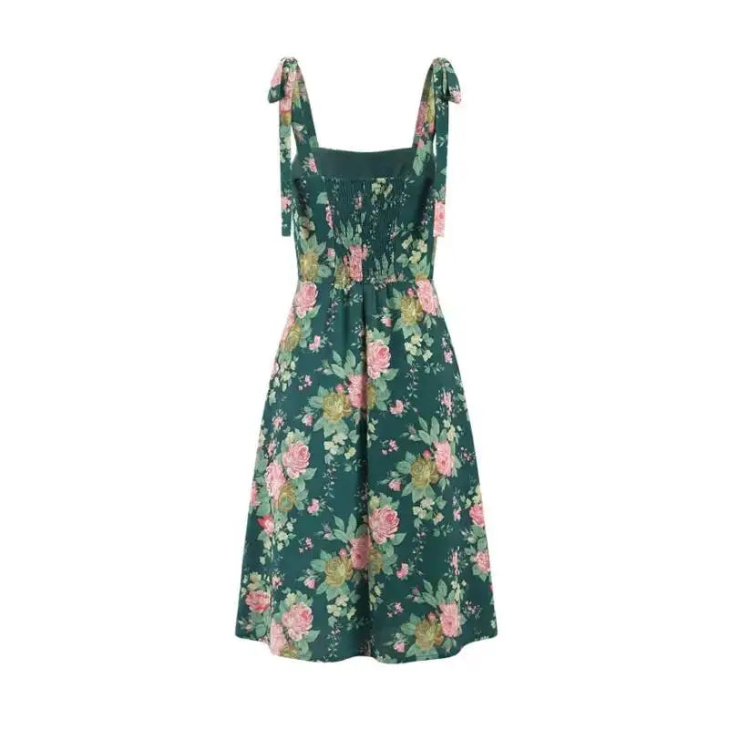 Floral Print Slim-fit Side-slit Camisole Dress For Women With Double Shoulder Straps And Semi-elastic Back Mid-length Skirt 9UCW