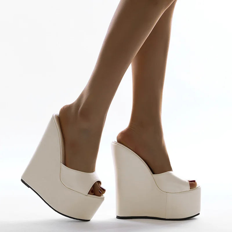 NASBAVI 2025 Fashion Peep Toe Wedges Heel Outside Women Slippers Concise PU Platform Slip on Summer Beach Mules Apricot 35-42