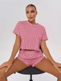 Heart Print Casual Round Neck Short Sleeve Shorts Two-piece Set Pajamas Set Women Summer Sleepwear Home Wear