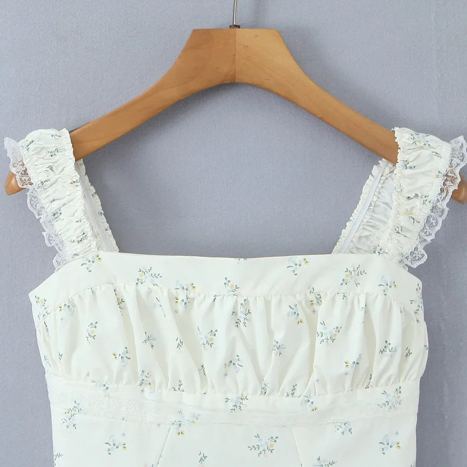 New French Casual Pure Desire Style Sexy Lace Sweet Spicy Girl Floral Print T-Shirt Backless Deep V Suspenders Sleeveless 8RXP
