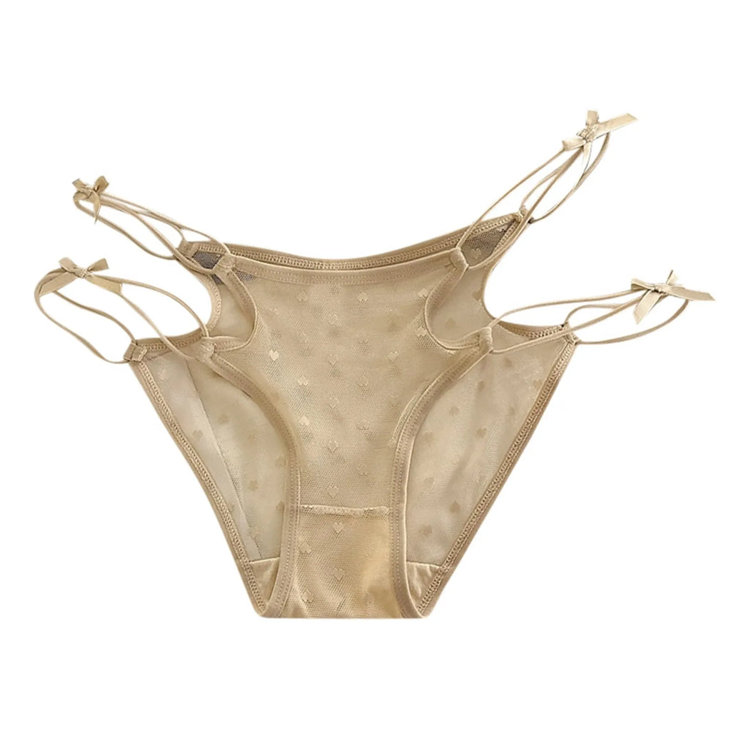 2026 Womens Briefs Sexy Love Mesh Transparent Low Waist Triangle Pants Thin Bow Knot Hollow Breathable Thongs Ruffled Panties