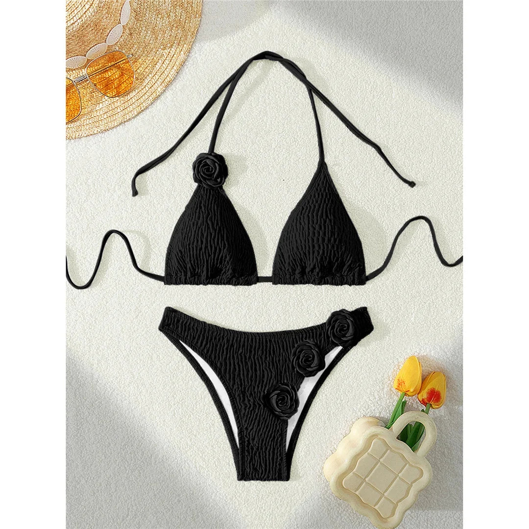 3D Flowers Halter Wrinkled Brazilian Bikini Women Swimwear Female Swimsuit Two-Pieces Bikini Set Bather Bathing Suit Swim V5559