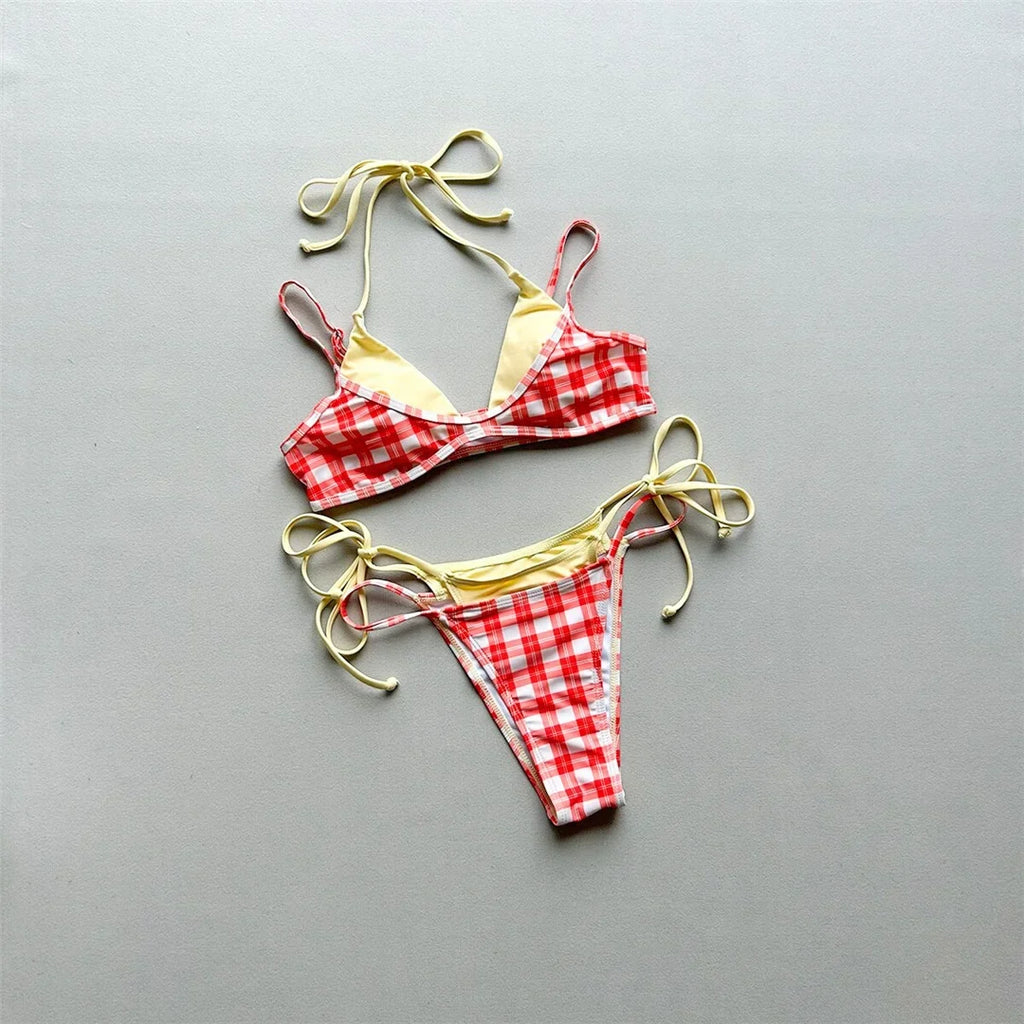 Sexy Polka Dot Plaid Halter Bikini Female Swimsuit Women Swimwear Two-pieces Bikini set Splicing Bather Bathing Suit Swim V8027