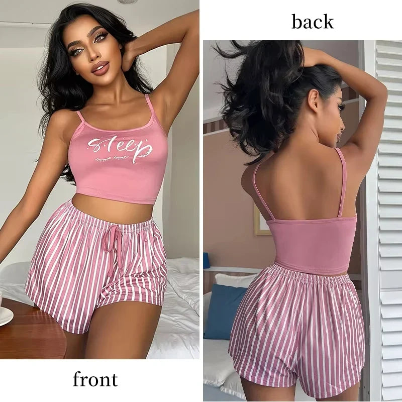 Women Pajamas Set Sleepwear Sexy Summer Home Clothes Tops And Shorts Cute Soft Sleeveless Nightwear For Female
